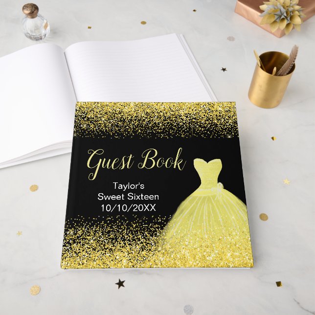 Ljust gul klänning falskt glitter Sweet 16 födelse Gästböcker (Framsidan öppen)