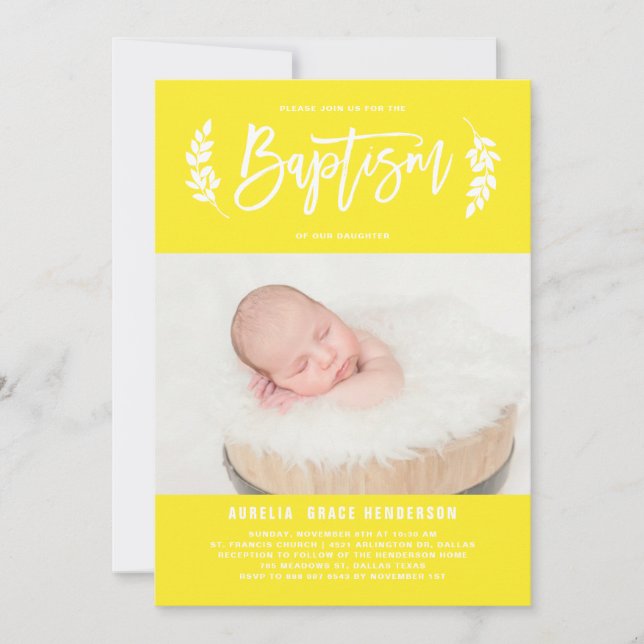 Ljust gul lagerkrans baby foto dop inbjudningar (Framsida)