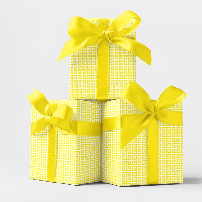 Ljust gul och vit grekisk nyckel-mönster presentpapper (Bright Yellow and White Greek Key Pattern Wrapping Paper Roll)