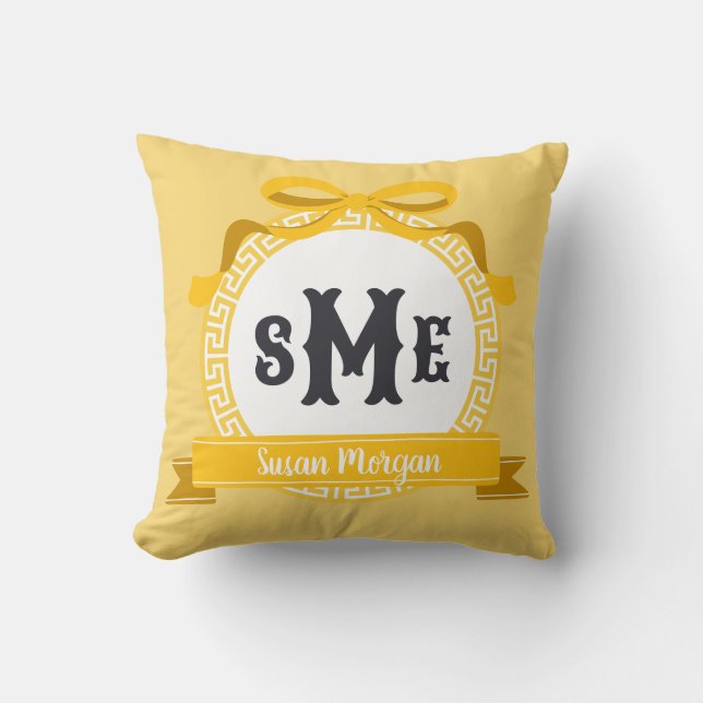 Ljust gul omvänd grekisk nyckelmonogram med bow de kudde (Framsida)