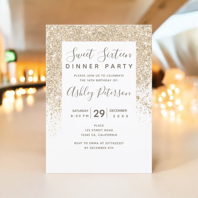 ljust guld glitter typografi vit gill Söt 16 Inbjudningar (light gold glitter typography white girly Sweet 16 Invitation)