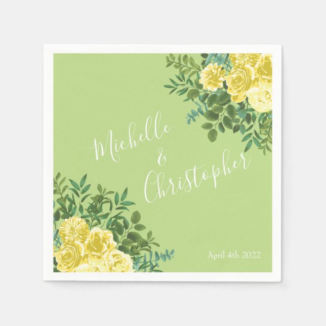 Ljust Gult och Blek Grönt Ro Blommigt Bröllop Pappersservett (Framsidan)
