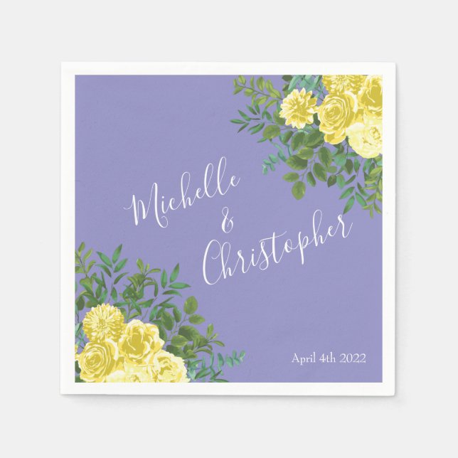 Ljust Gult och Periwinkle Blue Ro Blommigt Bröllop Pappersservett (Framsidan)
