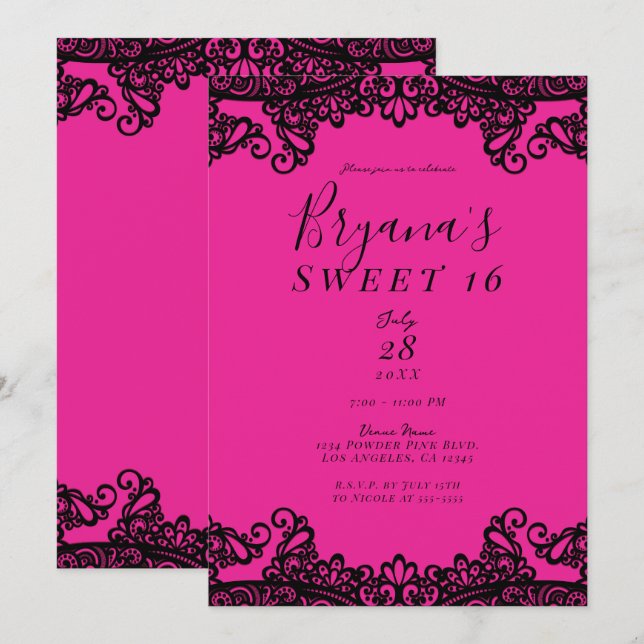 Ljust het rosa svart bläck spets Sweet 16-fest Inbjudningar (Fram/baksida)