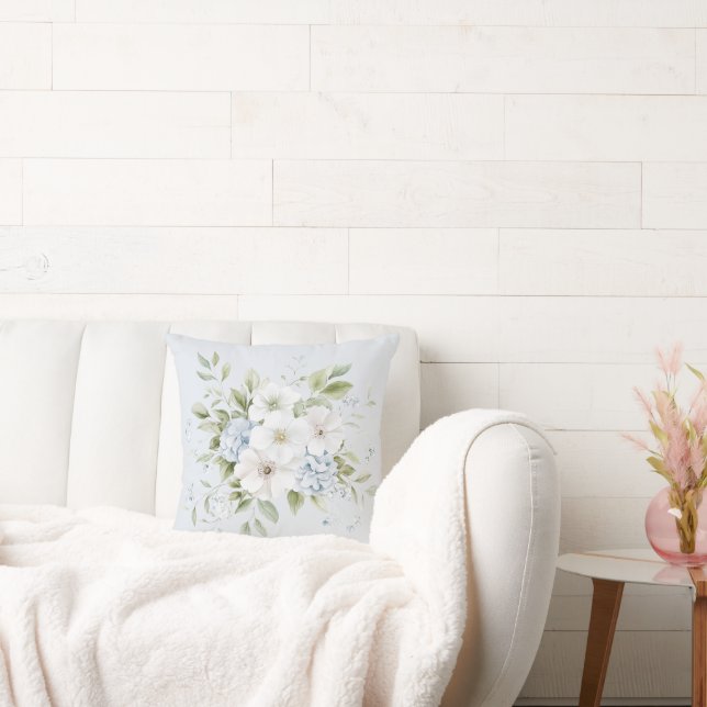 Ljust himmelsblå vit blomma kudde (Soffa)