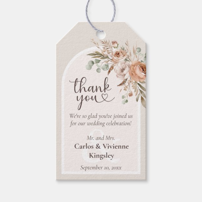Ljust jordton Tone Blommigt Rustic Bröllop Tack Presentetikett (Framsidan)