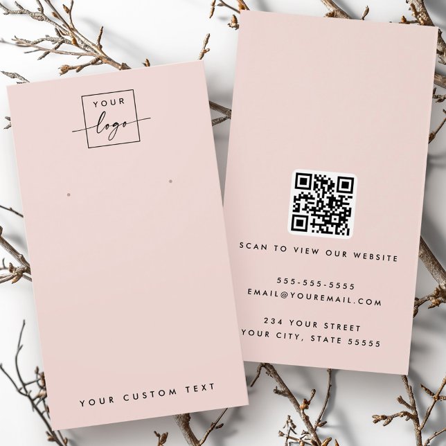 Ljust kort för  rosa QR-visning för rekrytering (Light blush pink logo QR earring display card)