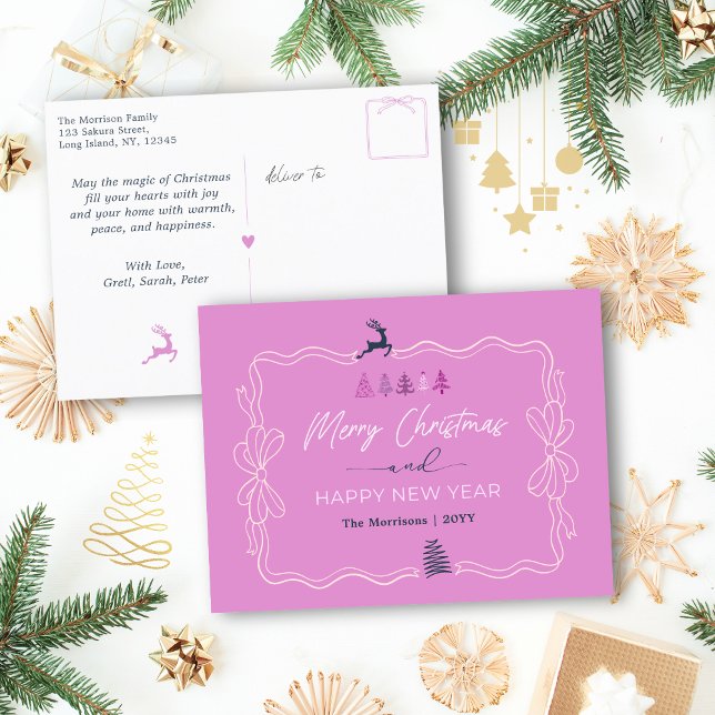 Ljust Lila: Bow & Träd Doodles Helgdag Postcard Helg Vykort (Light Purple: Bow & Trees Doodles Holiday Postcard)