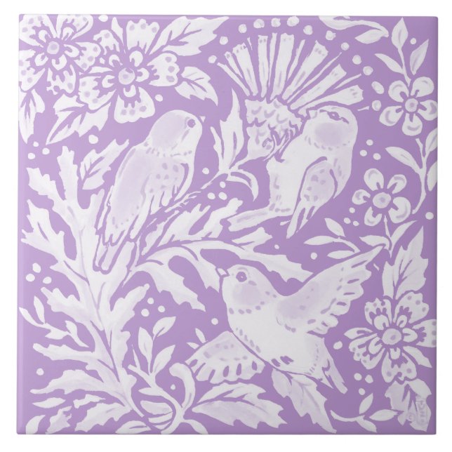 Ljust Lila fåglar på Thistle Blommigt Woodland Kakelplatta (Framsidan)