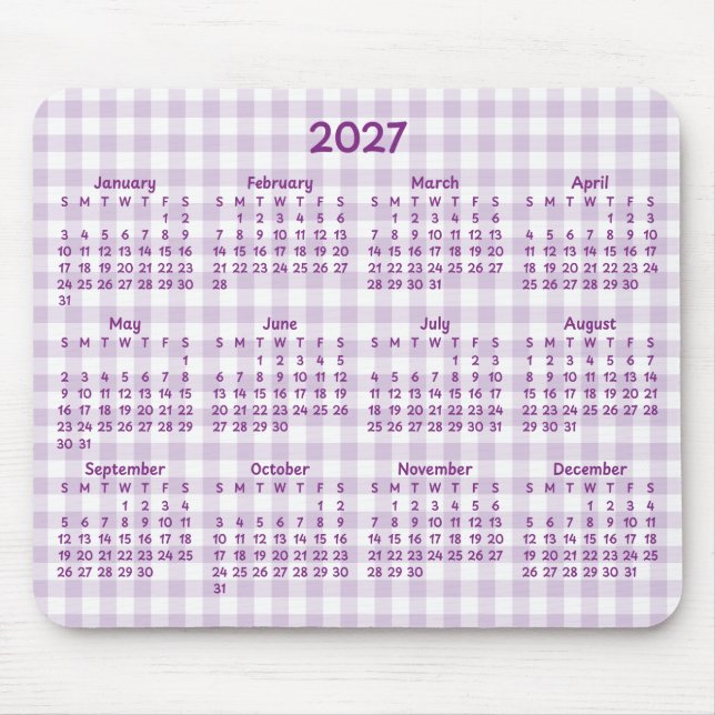 Ljust lila gingham Whimsical 2027 kalender Musmatta (Framsidan)
