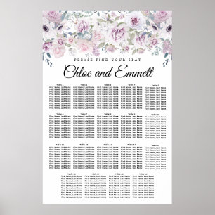 Ljust Lila, vit Blommigt, 19 Bord sätesdiagram Poster