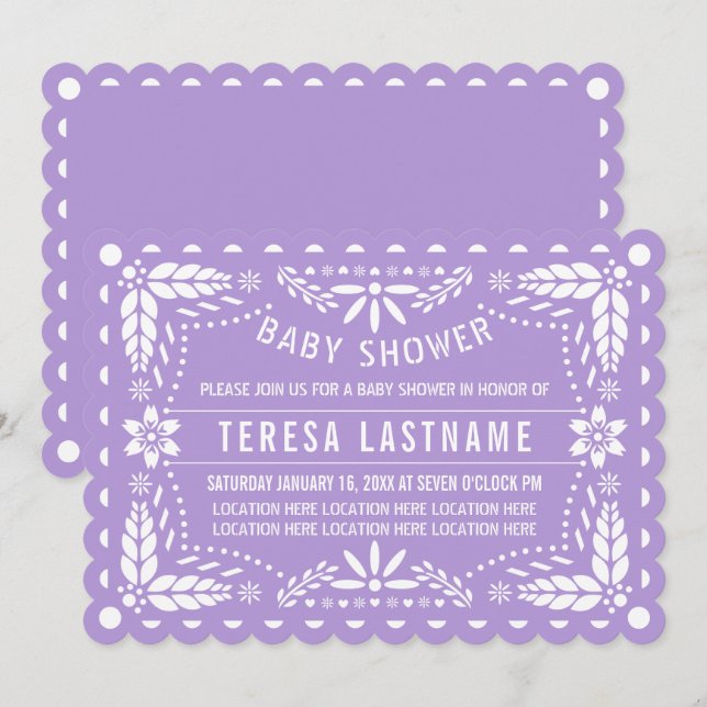 Ljust lila, vit papel picado flicka dusch inbjudningar (Fram/baksida)