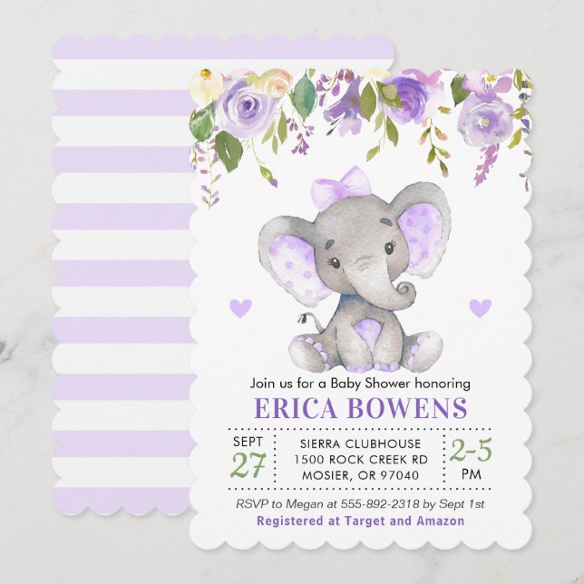Ljust Lila Watercolor Girl Elephant Baby Shower Inbjudningar (Fram/baksida)