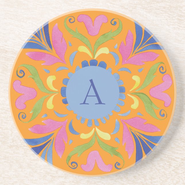 Ljust mexikanskt blomster-monogram sandstens-coast underlägg (Framsidan)