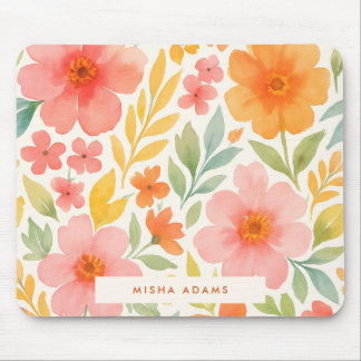 Ljust mönster rosa orange akvarell blom- musmatta