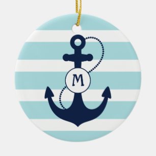 Ljust - nautiska blått ankrar monogramen julgransprydnad keramik