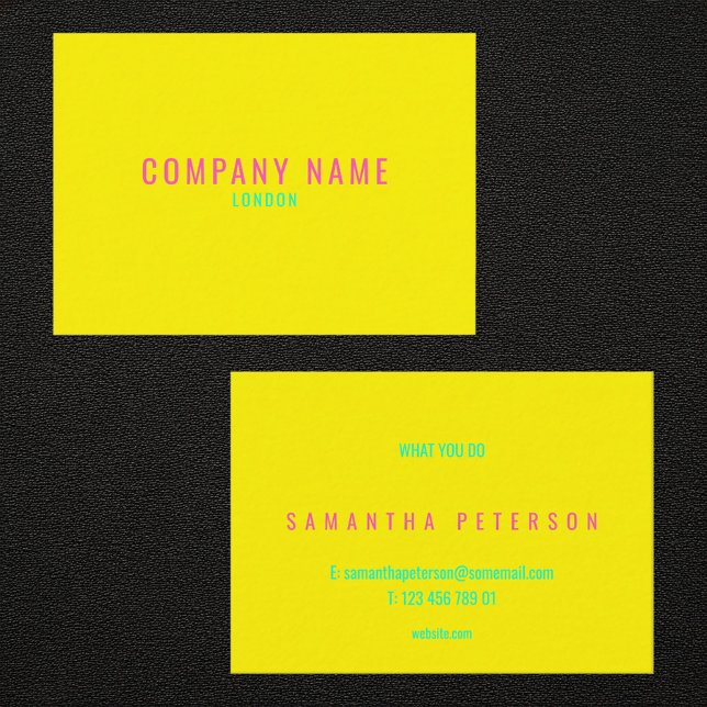 Ljust neongult och rosa visitkort (Bright neon yellow and pink business card.)