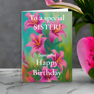Ljust och djärvt rosa liljor Glad födelsedag syste Kort