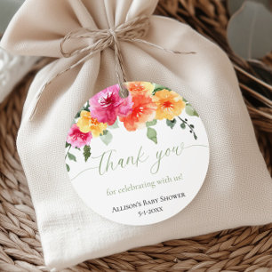 Ljust orange rosa peonblommor baby shower presentk gåvor etiketter
