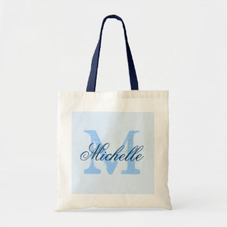 Ljust pastell och marinblå monogram bröllopstote b tygkasse