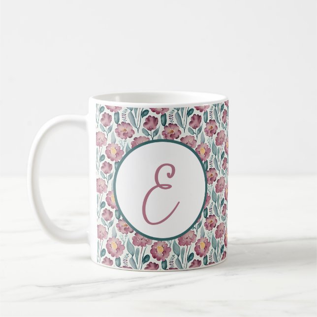 Ljust röd akvarell blommig monogram kaffemugg (Vänster)