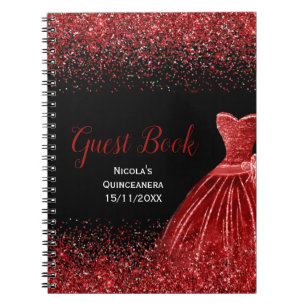 Ljust röd klänning Falsk glitter Quinceanera gäst Anteckningsbok