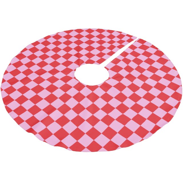 Ljust röd och ljust rosa rutig julgransmatta borstad polyester (Vinklad)