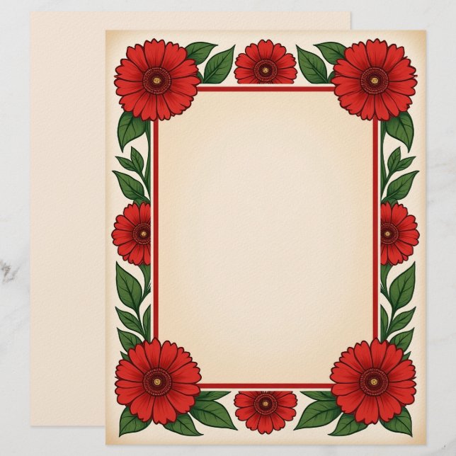 Ljust röda blommor & ram brevpapper (Fram/baksida)