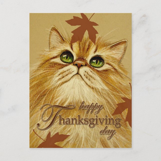 Ljust rödbrun katt & löv - vykort (Framsida)