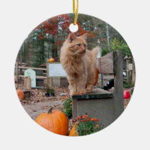 Ljust rödbrun katt- och pumpaprydnad julgransprydnad keramik