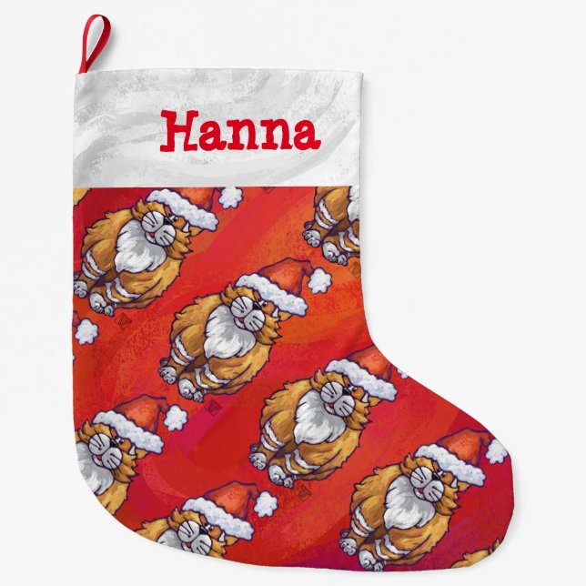 Ljust rödbrun kattjul på rött stor julstrumpa (Framsidan)