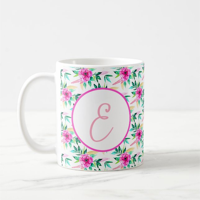 Ljust rosa akvarellblommig mönster monogram kaffemugg (Vänster)