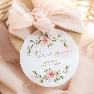 Ljust rosa blomster guld baby shower tack gåvor etiketter