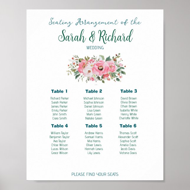 Ljust rosa blomsterbröllops sittplatskarta poster (Framsidan)