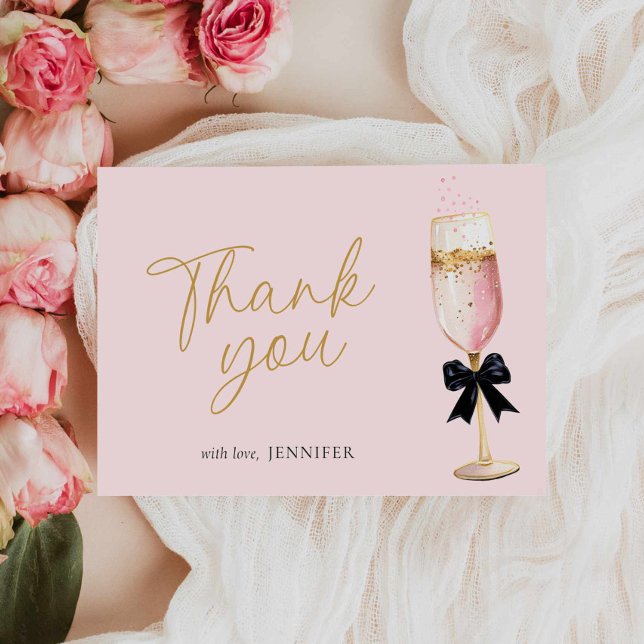 Ljust rosa champagne bröllopsdusch tack kort (Pink Brunch and Bubbly Bridal Shower Thank you card)