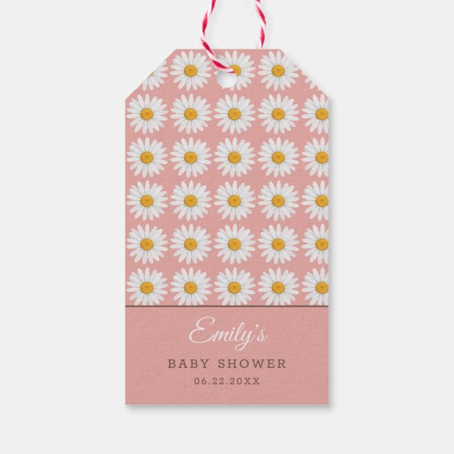Ljust rosa Daisy blommönster Baby Shower Presentetikett (Baksidan)