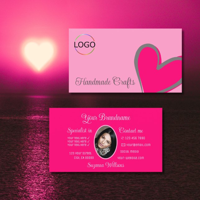 Ljust rosa fantastiskt hjärta med Logotyp och foto Visitkort (Skapare uppladdad)