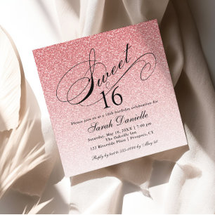 Ljust rosa Glam Glitter Sweet 16 Square Inbjudningar