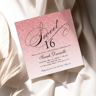 Ljust rosa Glam Glitter Sweet 16 Square Inbjudningar