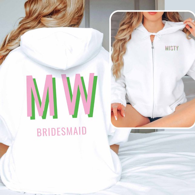 Ljust rosa + Grönt Monogram Bröllopsfest Zip-up T Shirt (Light Pink + Green Full Zip-up Sweatshirt)