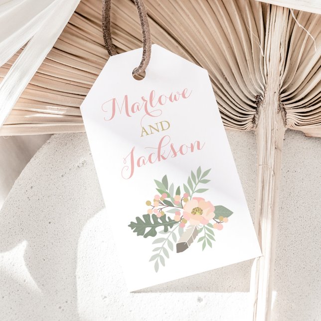 Ljust rosa guld blommig boho monogram bröllopspres presentetikett (Skapare uppladdad)