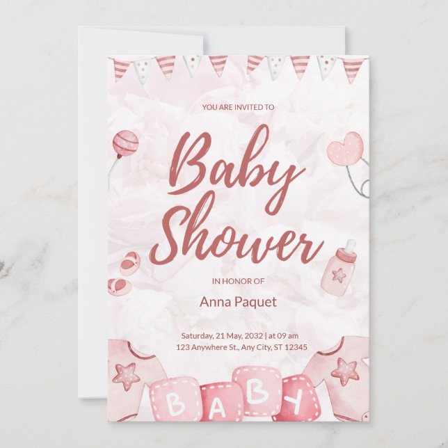 Ljust Rosa Illustrativ Akvarell Barnslig Modern Inbjudningar (Framsida)