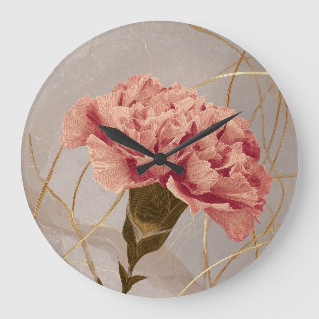 Ljust rosa nejlikblomma floral guld stor klocka (Framsida)