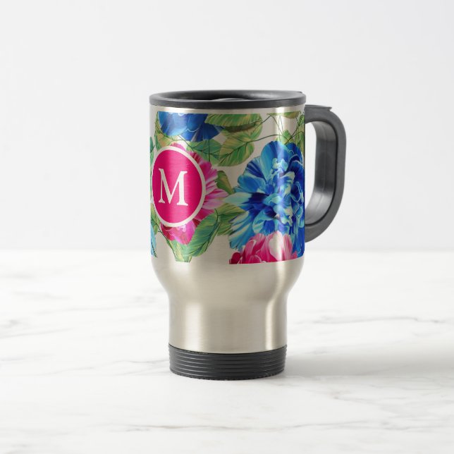 Ljust rosa och blå blommig snygg monogram resemugg (Framsida höger)