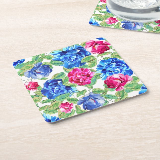 Ljust rosa och blå blomstermönster underlägg papper kvadrat (Vinklad)
