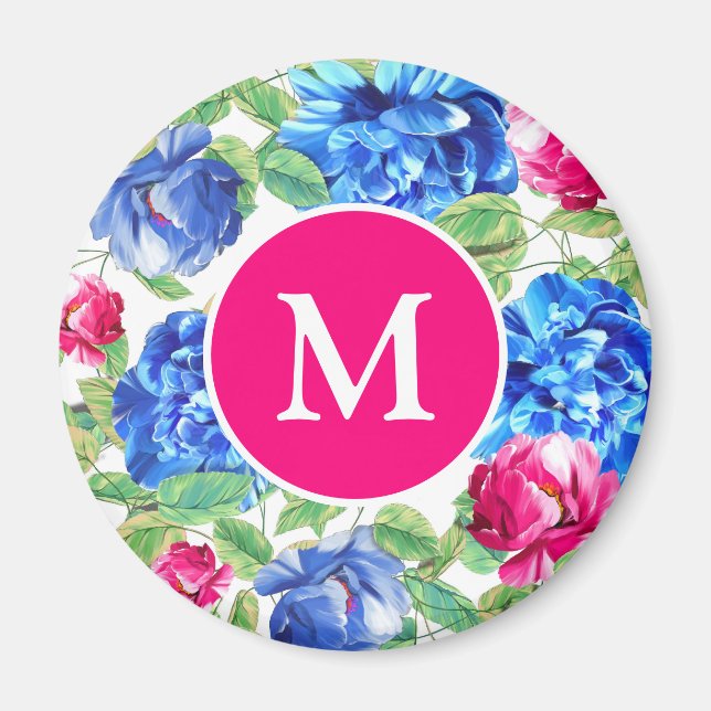 Ljust rosa och blå blomstermönstrad snygg monogram magnet (Framsidan)