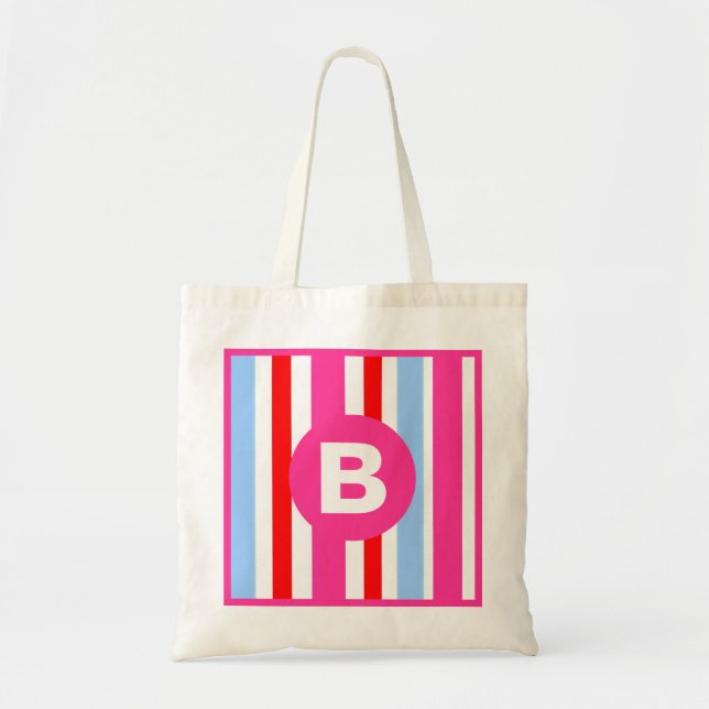 Ljust rosa och blå godisränder Monogram Tygkasse (Framsidan)