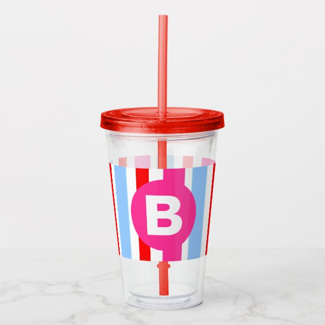 Ljust rosa och blåa godisränder monogram take away mugg (Framsida)