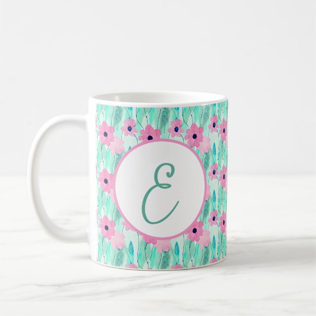 Ljust rosa och grönt vattenfärg blomster monogram kaffemugg (Vänster)