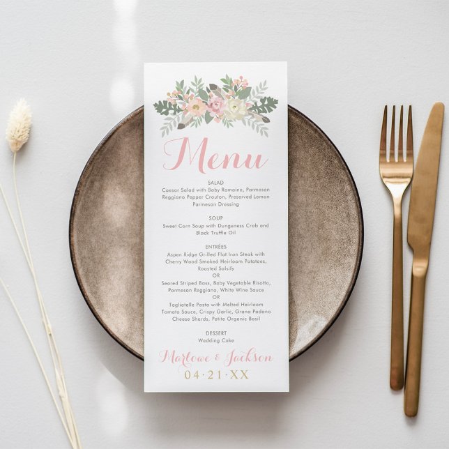 Ljust rosa och guld blommande boho bröllopsmonogra meny (Skapare uppladdad)